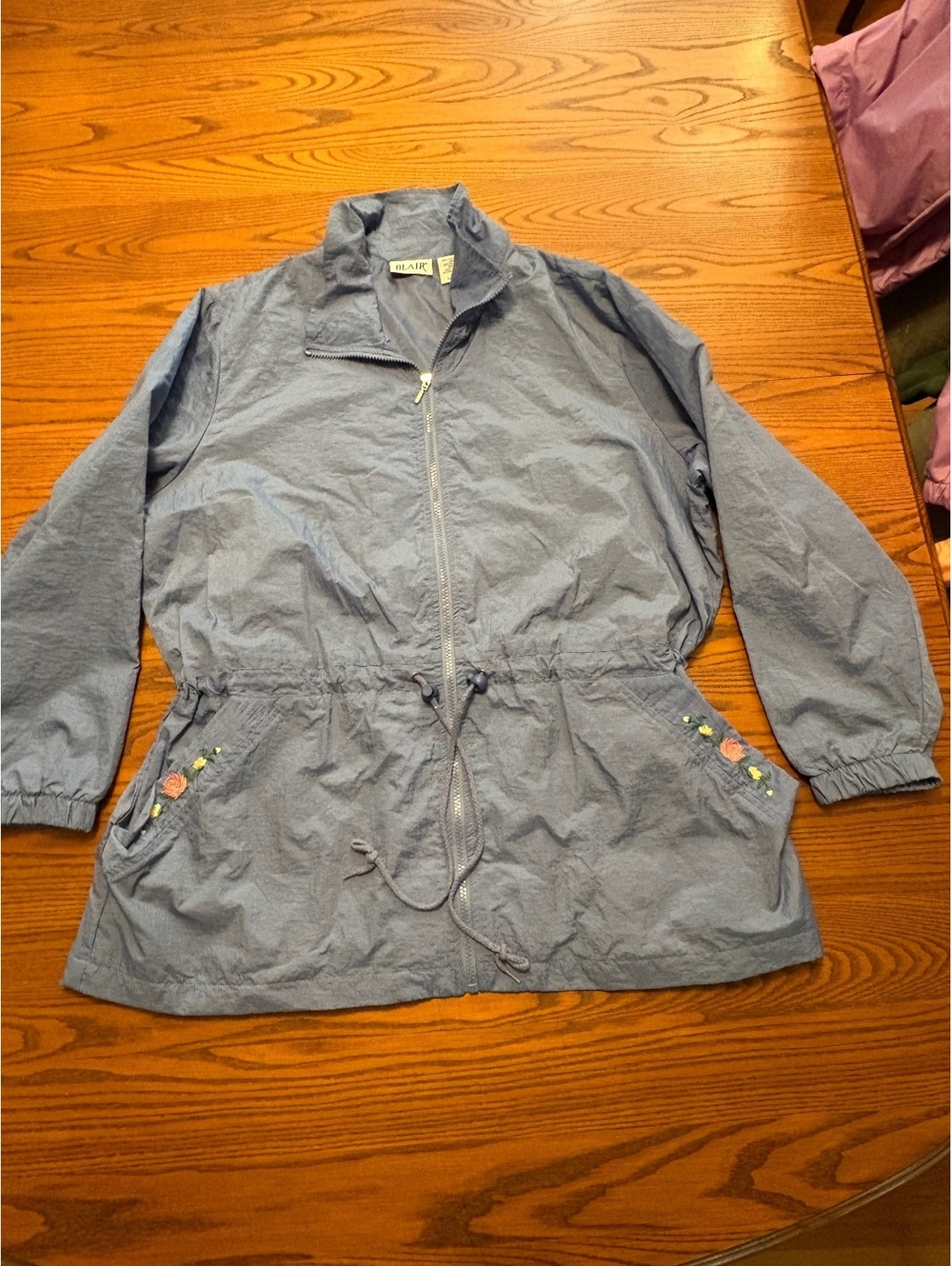 Blair Blue Nylon Vtg Windbreaker Jacket XLG Embroidered Floral Pockets Full Zip